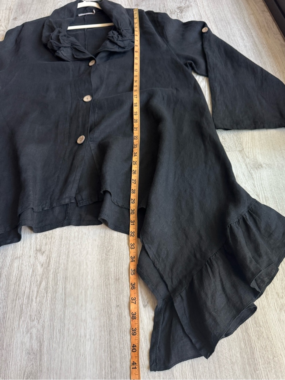 Tempo Paris Italian Linen Black Long Ruffle Asymmetrical Trim Cardigan Jacket L - Picture 12 of 12